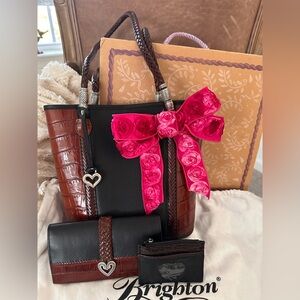 Brighton 🖤 “Dolores” Black Pebble/Brown Croco Embossed Leather 3 piece Set IOB